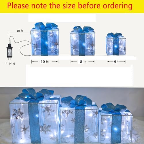 Christmas Decorations: Foldable Set of 3 Christmas Lighted Gift Boxes 120 LED - Plug in Light Up Xmas Ornament for Tree Skirt Indoor Outdoor Yard Holiday Door Sleigh Decor, White Xmas Lights