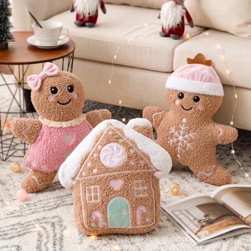 Konohan 3 Pcs Christmas Gingerbread Man House Throw Pillows Pastel Pillow