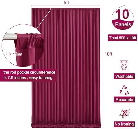 10 Panels Burgundy Backdrop Curtain for Wedding Parties Wrinkle Free Maroon Photo Curtains Backdrop Drapes Fabric Decoration for Birthday Bridal Shower Ceremony 50ft(W) x 10ft(H)