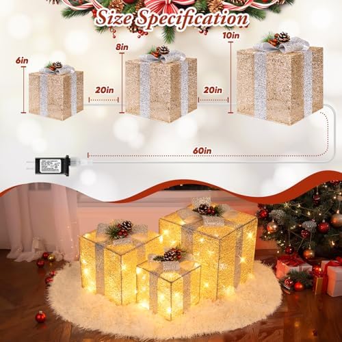 Brightever 10" 8" 6" Set of 3 Christmas Lighted Gift Boxes - Pre-lit 70 LED Plug-in Larger Present Boxes Outdoor Christmas Decorations, Warm White Prelit Xmas Ornaments for Tree Porch Yard Lawn Decor