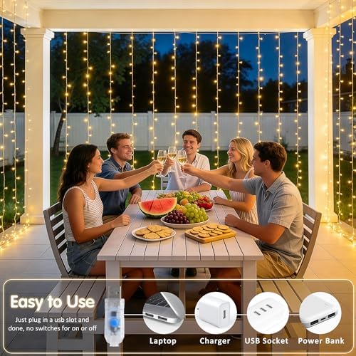 JMEXSUSS USB Plug in Curtain Lights 200 LED with 8 Modes, 6.5ftx6.5ft