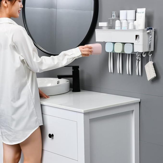 Toothbrush Rack Toothbrush Rack Toothbrush Cup Mouthwash Cup Wall-mounted Toilet Free Punching Wall-mounted Integrated Toothpaste Device Bathroom Toothbrush Holder, Small