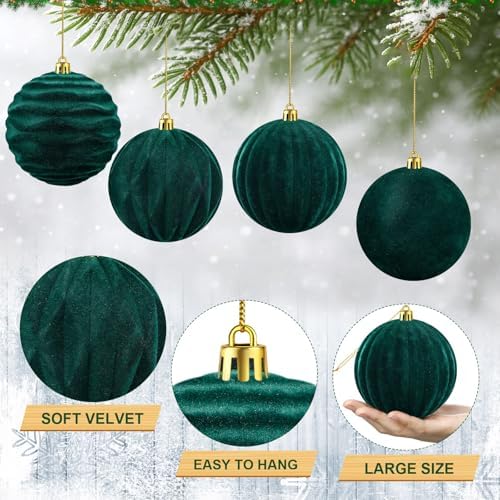 Liliful 4 Inch 12 Pcs Velvet Christmas Ornaments Balls, Dark Green