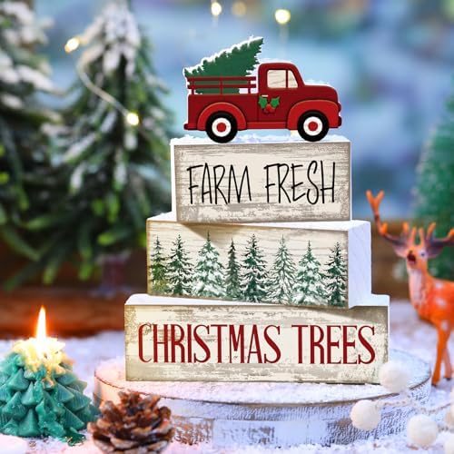 Lineshading 4 Pcs Christmas Table Decor, Red Truck Tree Wood Block Sign