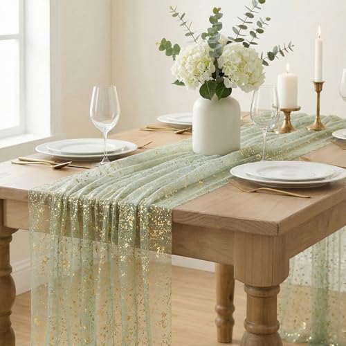 Artoid Mode Sage Green Gold Gauze Table Runner 59x120 Inch 10FT, Glitter Metallic Foil Sheer Dining Wedding Anniversary Holiday Birthday Table Decor for Home Party