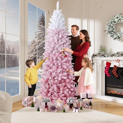 GarveeHome 7.5 ft Prelit Artificial Christmas Tree with RGB & Warm White Lights, Pre-Lit Snow Flocked Pencil Christmas Tree, Foldable Base,Holiday Decoration for Home, Office, Party,Pink Gradient