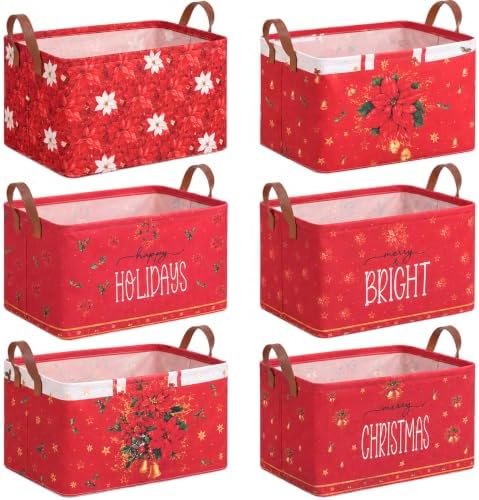 CHENGU 6 Pack Christmas Basket Collapsible Poinsettia Christmas Storage Bin