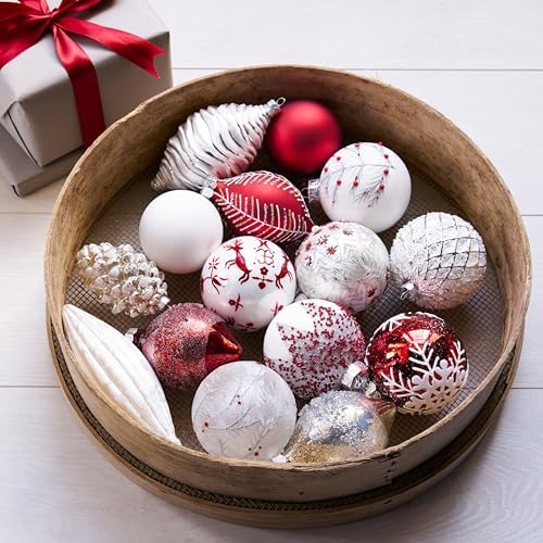 Balsam Hill Nordic Frost Ornaments - Vintage Glass Ball Christmas Ornaments with Beading & Glitter in White, Silver & Red for Holiday Decor