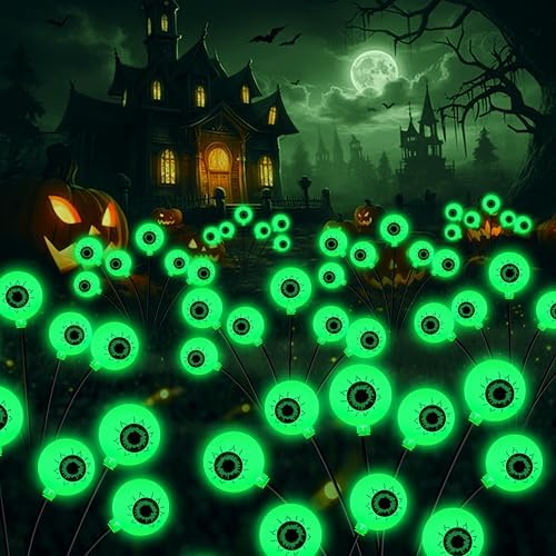 Kohlrabi Halloween Decorations Outdoor, 8 Pack 48 LED Solar Scary Eyeball Swaying Lights, Green Solar Firefly Light Waterproof Outdoor Garden Lights for Halloween Yard Garden Lawn Party Flower Bed