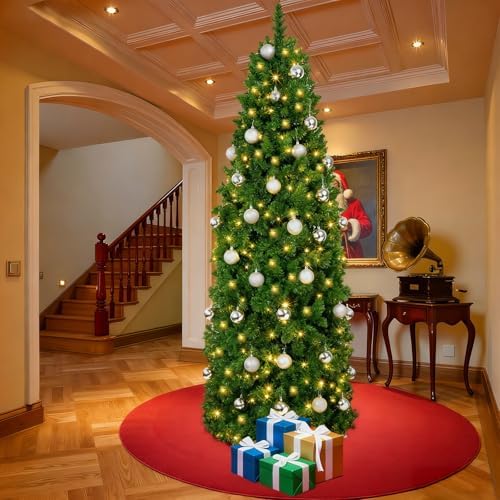 41 Pcs 7 Ft Artificial Slim Christmas Tree with 250 LED Warm White String Lights 40 Silver Ball Ornaments Skinny Thin Pencil Tree with Metal Stand for Home Xmas Holiday Party Decoration