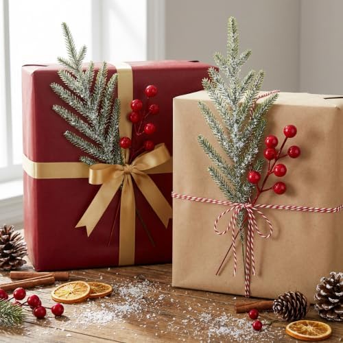 Watayo 35 Pcs Christmas Snow Norfolk Pine Branches with Red Berry Stems