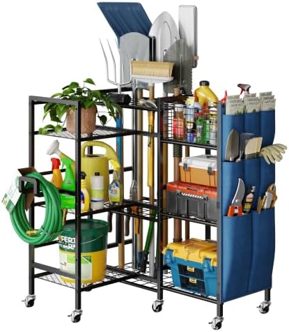 keomaisyto 3-Sided Garden Tool Organizer with Wheels, Garage Storage Rack