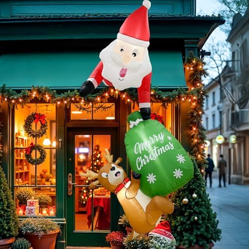 OurWarm 8FT Hanging Christmas Inflatable Outdoor Decoration, Climbing Santa Claus Inflatable with Reindeer Persent Bag, Christmas Blow Ups Outdoor Built-in LED Lights for Xmas Yard Trees Windows Eaves