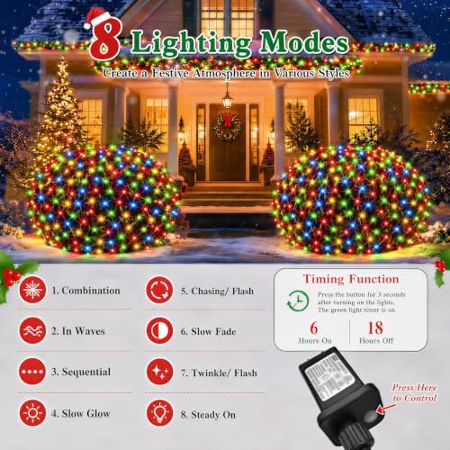 Lovelite 510LED Christmas Net Lights, 28ft x 5ft Net Lights Outdoor 8 Modes, Waterproof Connectable String Lights Green Wire Plug in for Xmas Tree Bushes Garden Holiday Party Decor - Multicolor