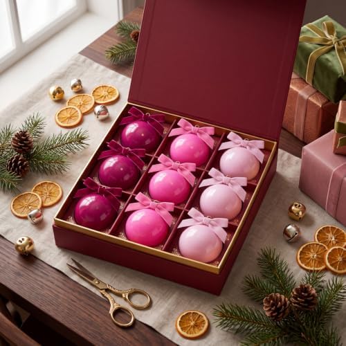 Hollowfly 9 Pcs 4 Inch Pink Glass Christmas Ornaments with Velvet Bow