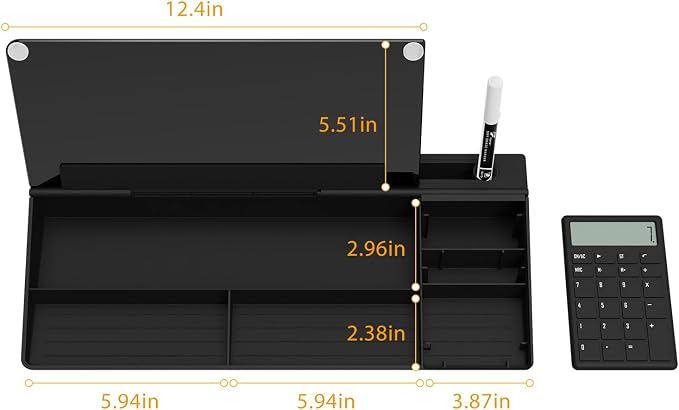 TOWON Desktop Glass Whiteboard with Basic Calculator, 12 Digit LCD Display, Desk Organizers with Accessories for Office, Home, School Supplies, Storage with Dry Erase Board Surface, Black, 17'' x 6''