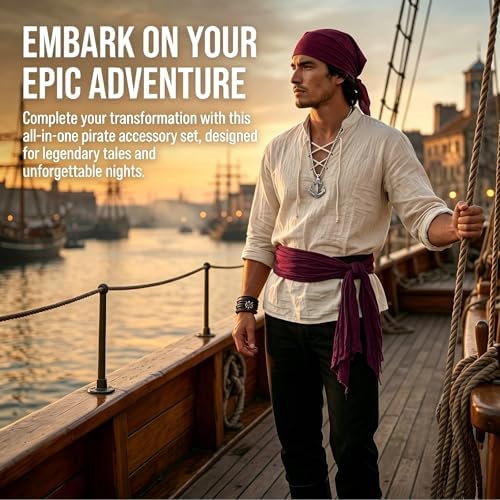 Men’s Pirate Costume Set, 8-Piece Renaissance Medieval Outfit Accessories