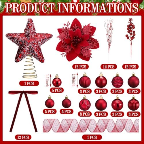 77 Pcs Christmas Tree Decorations Star Topper Ornaments Artificial Poinsettia Flowers Claret Balls Velvet Bow Berry Picks Christmas Tree Hanging Ornaments for Xmas Home Office Decorations