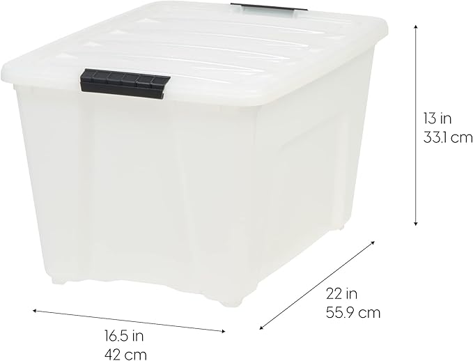 IRIS USA 54 QT Plastic Storage Box with Lid and Latches - 4 Pack - BPA-Free, Discreet Organizing Solution, Durable Nestable Stackable Containers, Secure Pull Handle - Pearl