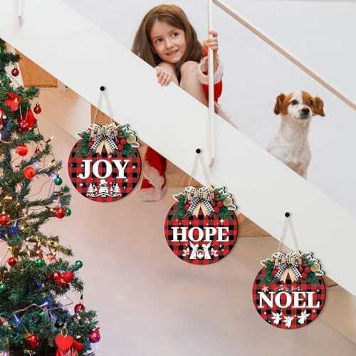 Nativity Christmas Signs, Christian Door Hanging Decor, Buffalo Plaid, 6-Pc