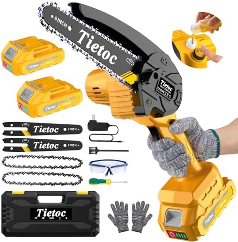 Mini Chainsaw Cordless,6 Inch Portable Electric Chainsaw with 2 Battery 2 Chains,Battery Powered Small Handheld Chain Saw with Automatic Oiler,for Tree Trimming,Cutting Wood,Garden Tool,Gift for Men