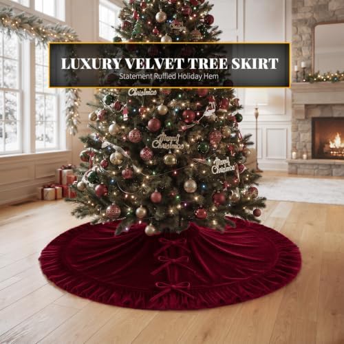VEILS Large Christmas Tree Skirt, Velvet Burgundy Tree Skirts with Center Pleats and Plush Tie Closures for Christmas Party Favors Decor(72")