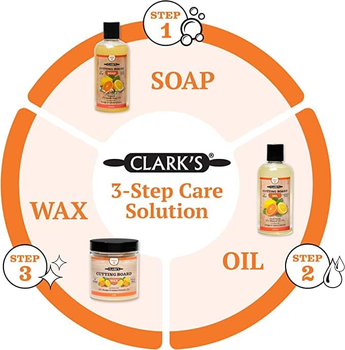 CLARK'S Cutting Board Care Gift Set | Includes Food Grade Mineral Oil, Cutting Board Wax & Wood Cleaner, Buffing Pads - Restores & Protects