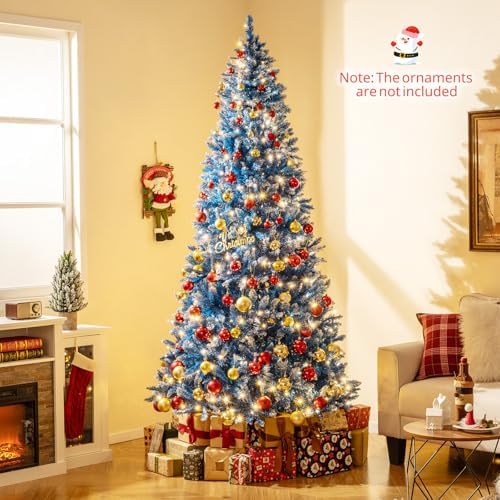 HAPPYGRILL 8 FT Pre-lit Christmas Tree Blue Hinged Artificial Xmas Tree with 420 Warm White LED Lights, 8 Modes, 1458 Frosted Branch Tips, Folding Metal Base, for Home Party Holiday