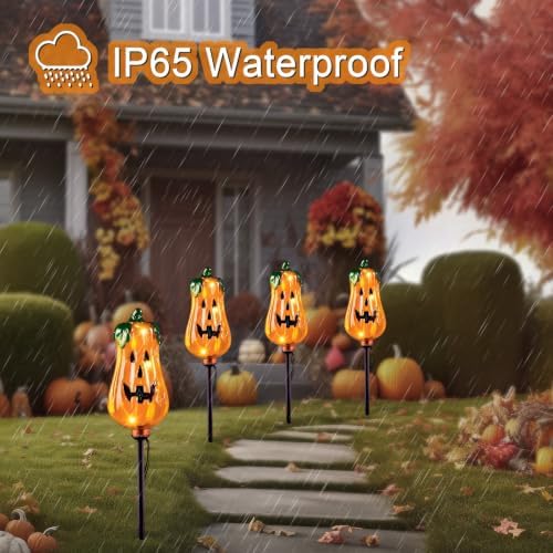 Halloween Decorations Outdoor,4 Pack Halloween Pumpkin Solar Lights Stakes