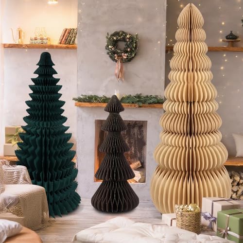 3 Pcs Large Honeycomb Christmas Tree,Classic,Beige, Green, Brown