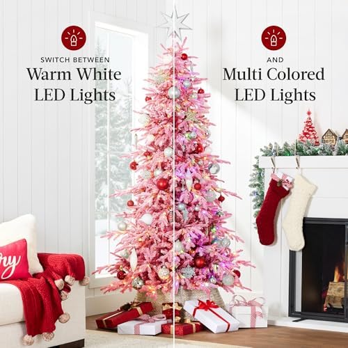 Best Choice Products Lighted Aspen Christmas Tree, 12ft Flocked Artifical Noble Fir, Pre-Lit White & Multicolored LED Lights Premium Holiday Décor - Pink