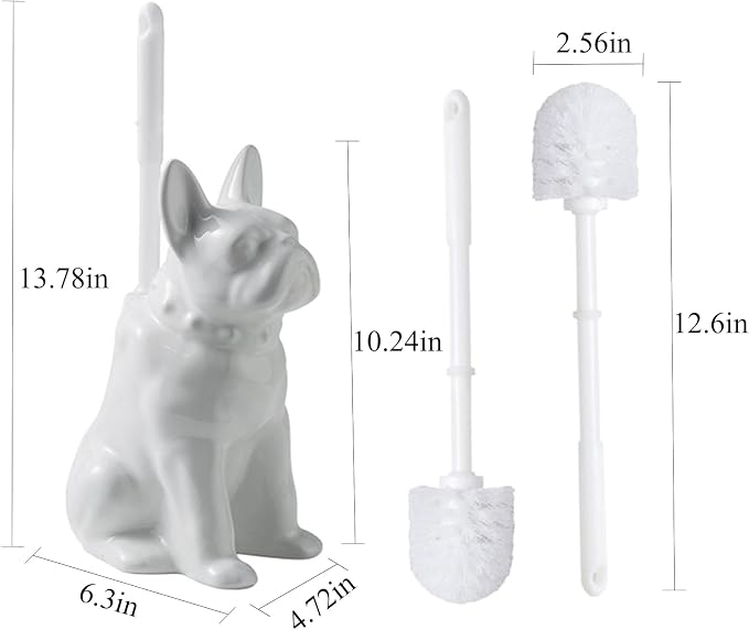 Ceramic French Bulldog Toilet Brush Holder – Cute Bathroom Decor with Hideaway Storage, Space-Saving Design, Premium Ceramic Dog Lover Gift, Includes 2 Durable Scrub Brushes (White)