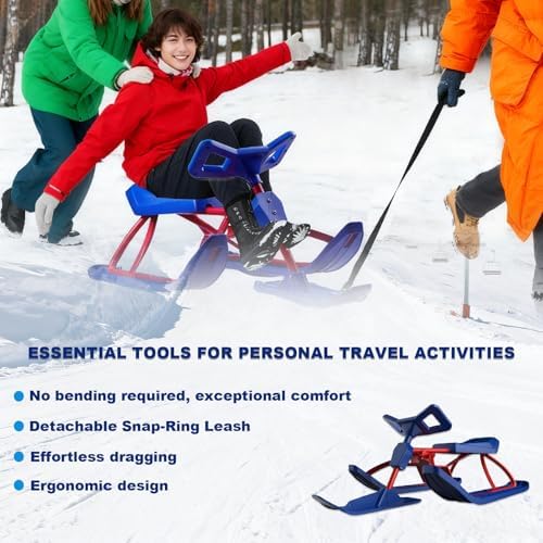 Snow Racer Sled/Snowracer Curve Snow Sledg, 100kg Capacity Heavy Duty Steel Frame Snow Sled, Kart Ski Sled Slider Board W/Steering Handle, for Adults and Children A