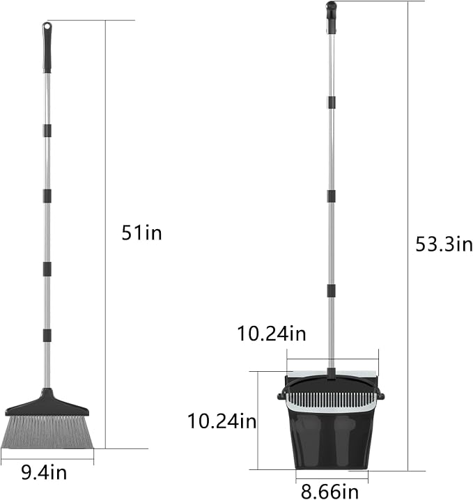 Broom with Dustpan Combo Set 54” Long Handle Household Dust Pan for Home Office Kitchen Cleaning （Black & Grey）