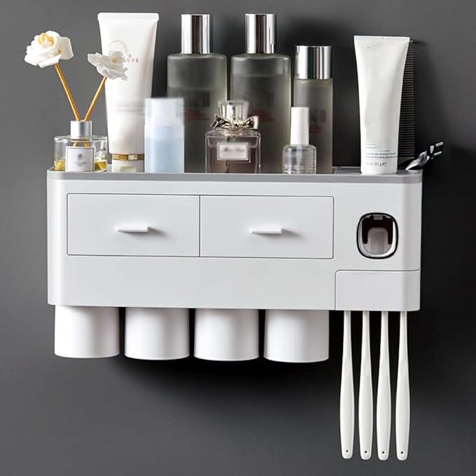 Toothbrush Rack Home Toothbrush Holder Wall Mounted Bathroom Organizer, Toothbrush Holder with Toothpaste Dispenser and Cups Bathroom Toothbrush Holder(A)