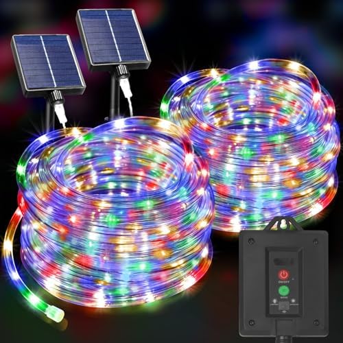 KNONEW Solar Rope Lights Outdoor 2 Packs Total 600LED 100FT Solar String Light Outside Waterproof with 8 Modes Clear Thin Tube for Pool Patio Garden Fence Camping Yard Deck Trampoline（Multicolor）