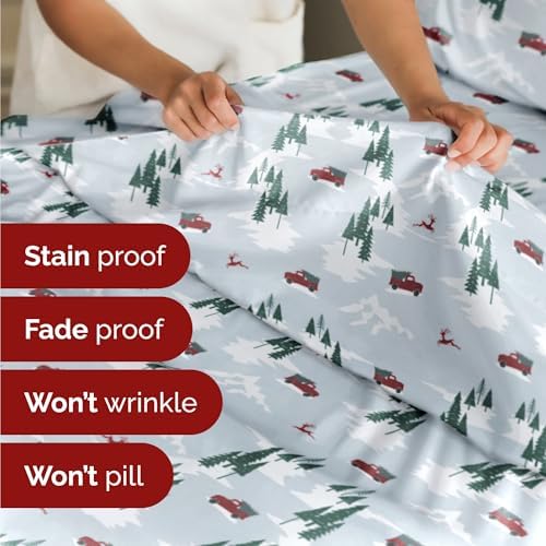 Christmas Sheet Set, Pickup Trucks, Holiday Xmas Bedding Set - Queen Size
