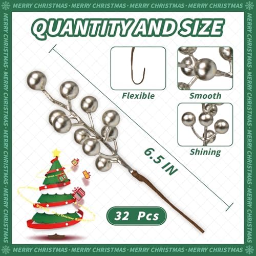 LLZLL 32 Pack Christmas Picks Artificial Christmas Tree Berries 6.5 Inch Holly Berry Stems for Winter Xmas Holiday DIY Ornaments（Champagne）