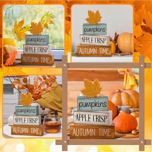 Lineshading 4 Pcs Fall Table Decor for Home, Wooden Maple Leaves Block Sign