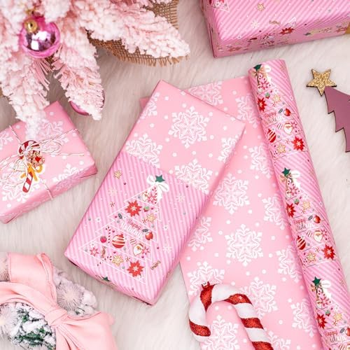 WRAPAHOLIC Reversible Pink Christmas Wrapping Paper - Mini Roll - 17 Inch x 33 Feet - Pink Christmas Tree Wrapping Paper and Snowflake Design for Holiday, Party Celebration