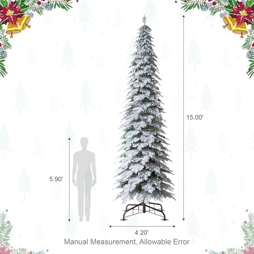 Glitzhome 15ft Prelit Christmas Tree, Artificial Christmas Tree with 1400 Warm White Lights, Flocked Pencil Tree Chicago Frostwood Spruce w/4335 PE&PVC Branch Tips and Sturdy Metal Stand, Simple Setup