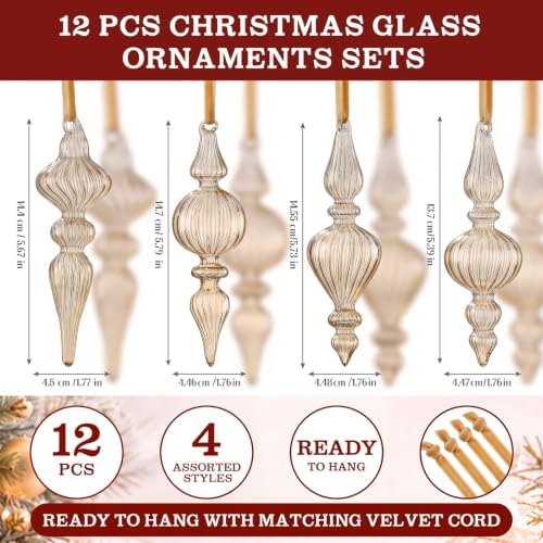 12 Pcs Vintage Glass Finial Christmas Ornaments, Light Brown