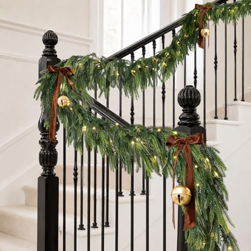 N&T NIETING 12FT Christmas Norfolk Pine Pre-Lit Garland with 100 LED Lights Real Touch Pine Garlands Prelit Garland Greenery Garlands for Table Mantle Fireplace Stairs Indoor Outdoor Xmas Decorations
