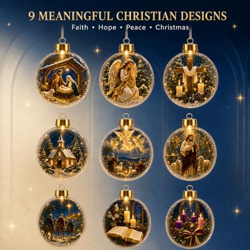 9 Pack Lighted Christian Christmas Ball Ornaments with Flat Acrylic Inserts