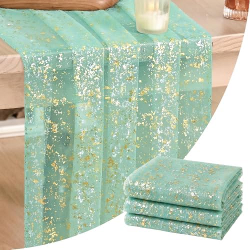 Artoid Mode 3Pcs Turquoise Gauze Gold Table Runner 10FT, Glitter Metallic Foil Sheer Dining Wedding Anniversary Holiday Table Decor for Home Party