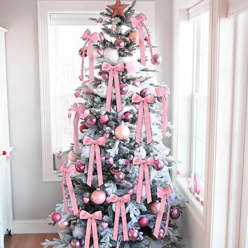 12Pcs Pink Velvet Bows Christmas Tree Decorations,5in x 10in Xams Ornaments