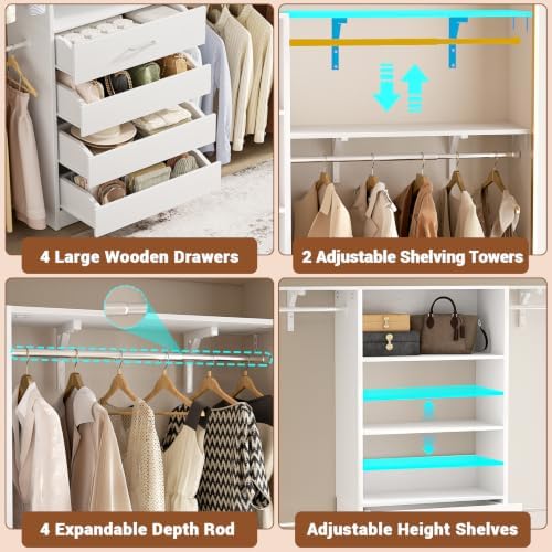 Aheaplus Closet System, Wood Closet Organizer System with Drawers, White