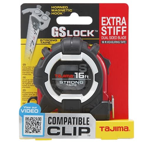 TAJIMA Tape Measure - 16ft x 1in GS-Lock Measuring Tape with Horned Magnetic Hook & Compatible Clip - GS-MC16BW