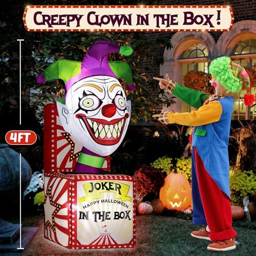 zukakii 4FT Halloween Inflatables Clown Box with Bright LED Lights, Vivid Design Creepy Halloween Decorations Outdoor Spooky Blow Ups Yard Decoration blowups for Indoor Holiday Party Lawn