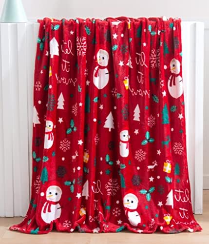 Elegant Comfort Luxury Velvet Super Soft Christmas Prints Fleece Blanket-Holiday Theme Home Décor Fuzzy Warm and Cozy Throws for Winter Bedding, Couch and Gift, 50 x 60 inch, Red Snowman
